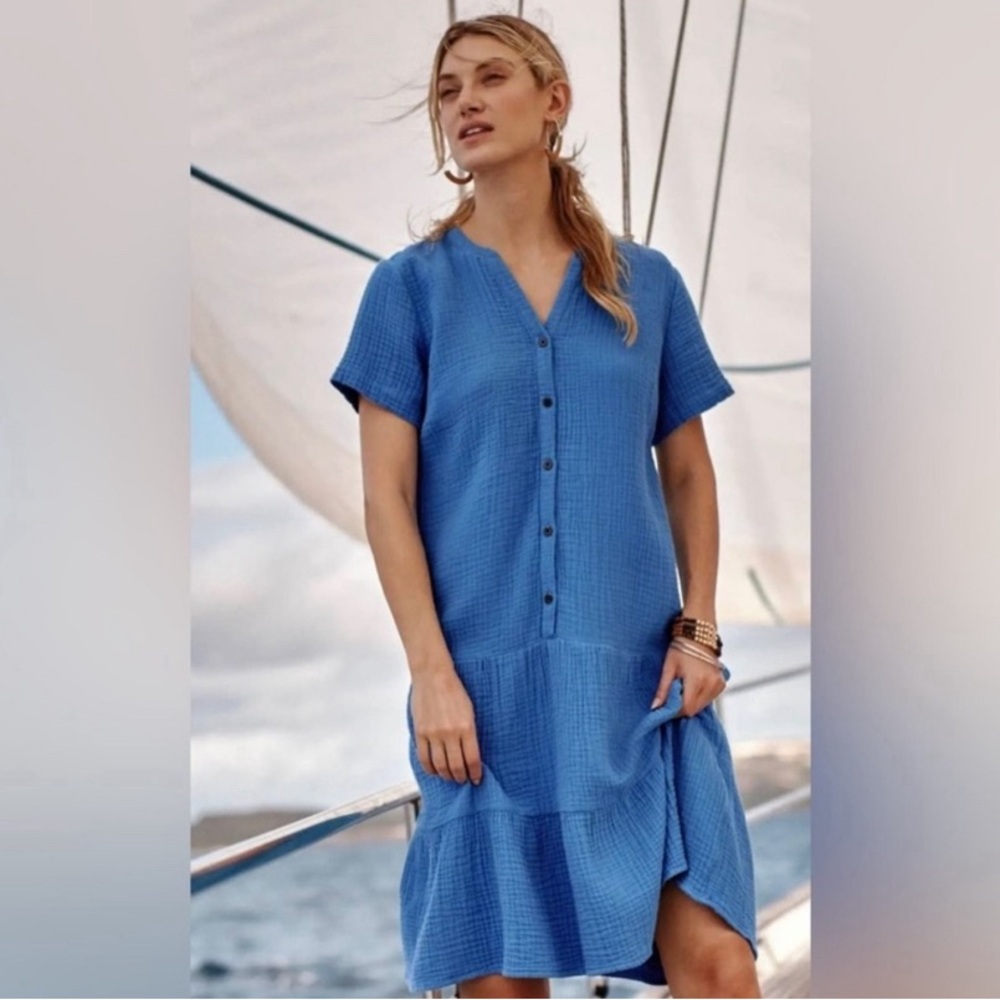 J. Jill Cotton-Gauze Tiered Dress size large blue